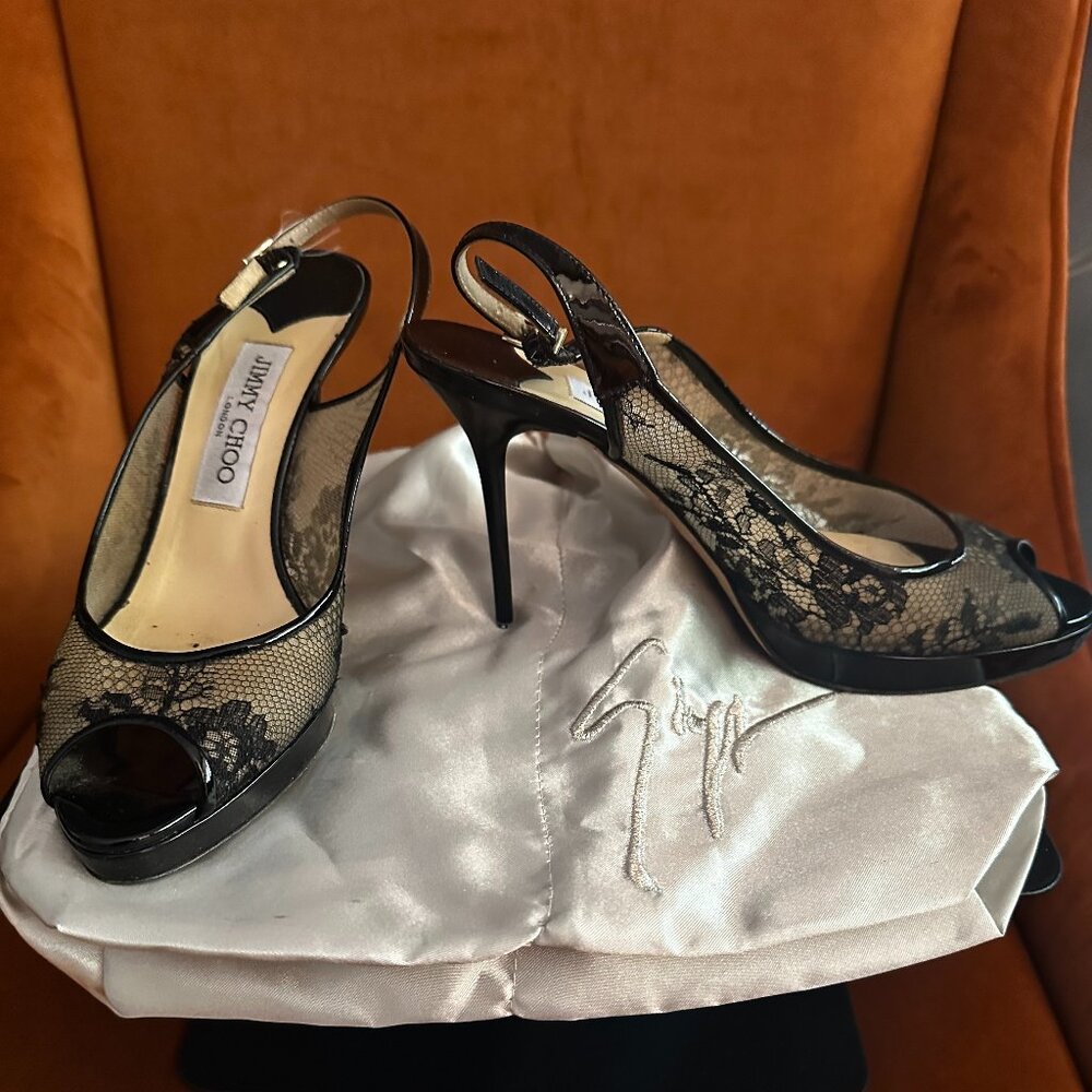 Jimmy Choo Black lace Peeptoe Slingback